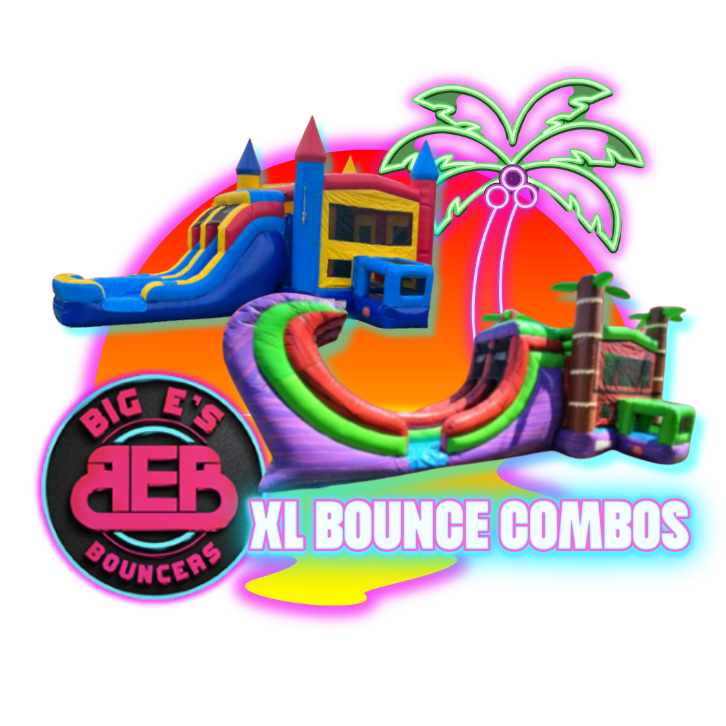 XL bounce house combo rentals in Crestview, Florida featuring inflatable bounce houses with slides for parties and events.