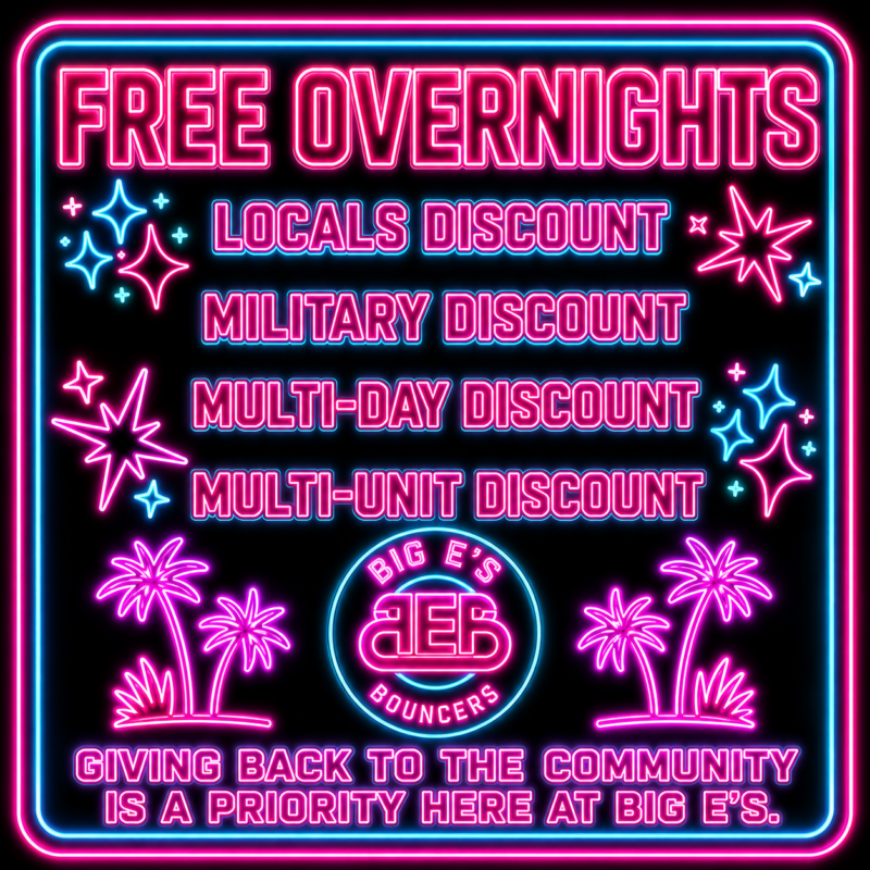 Free overnight inflatable rentals and local discounts from Big E's Bouncers in Crestview, Florida.
