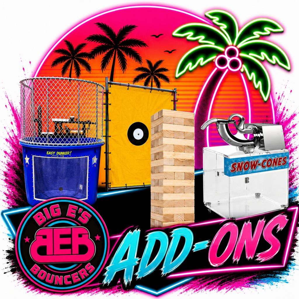 Neon party essentials and add-on rentals graphic for Big E’s Bouncers