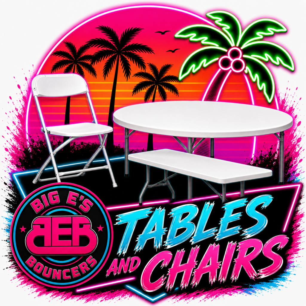 Neon table and chair rentals graphic for Big E’s Bouncers in Crestview, Florida