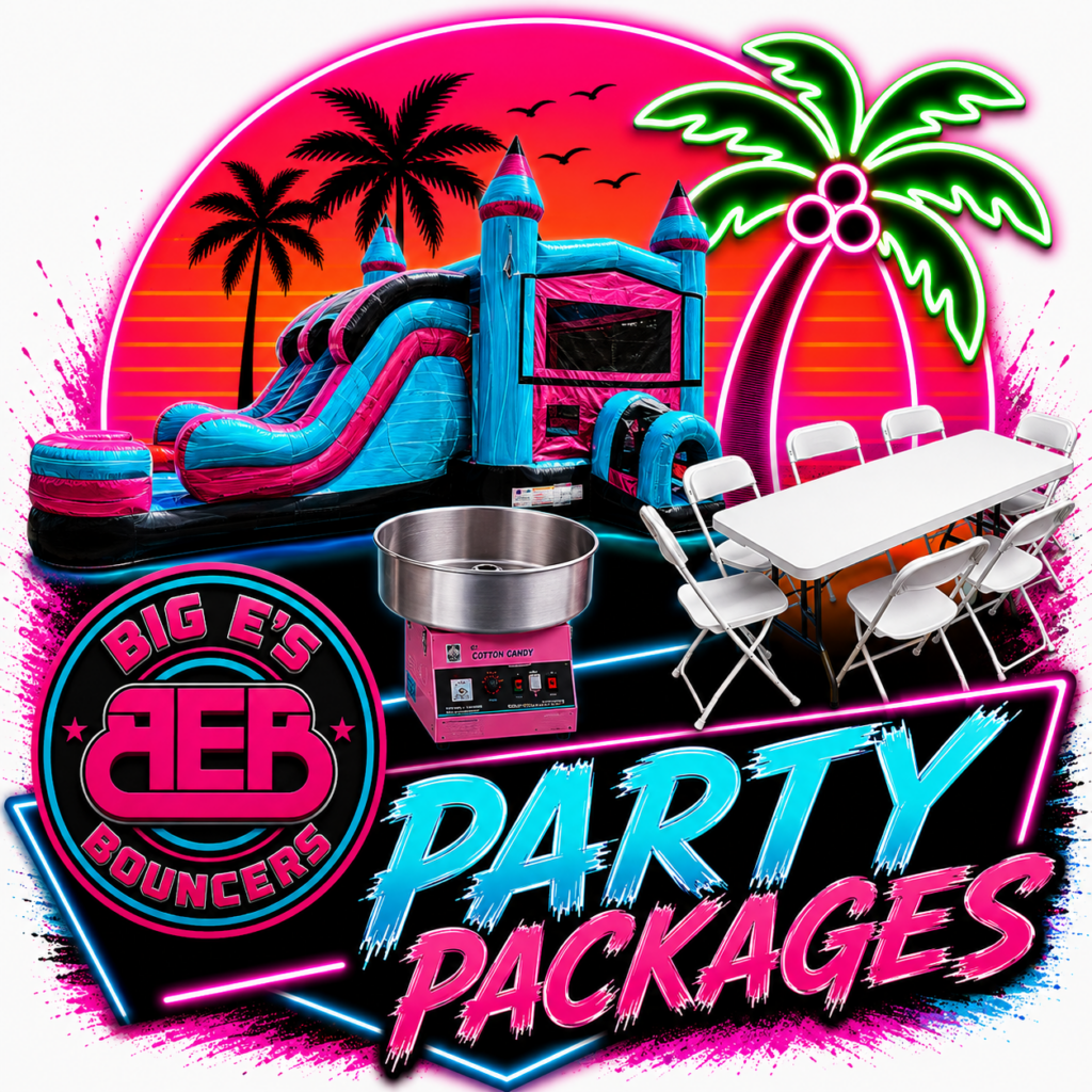 Neon party rental packages graphic for Big E’s Bouncers in Crestview, Florida