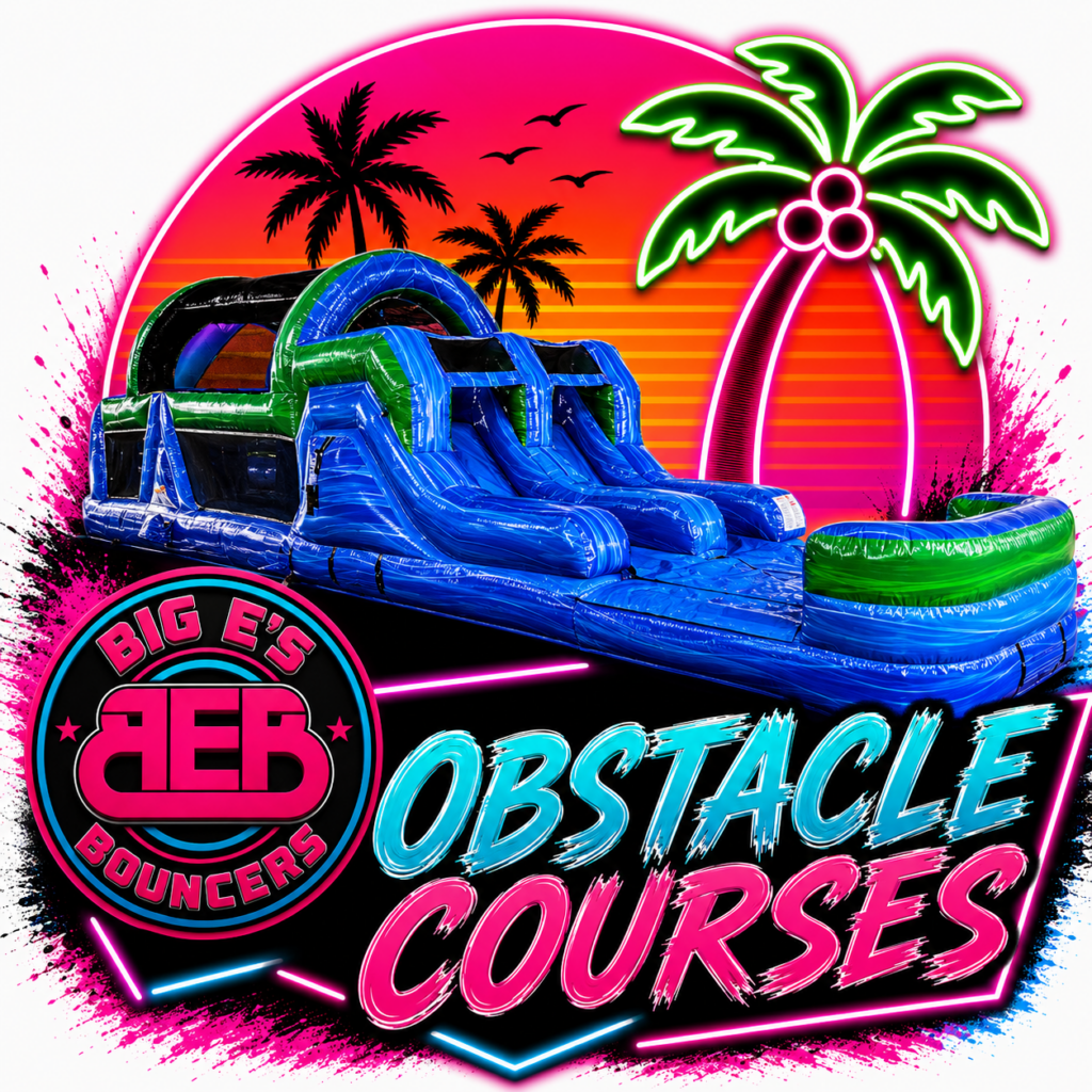 Neon inflatable obstacle course rentals graphic for Big E’s Bouncers in Crestview, Florida