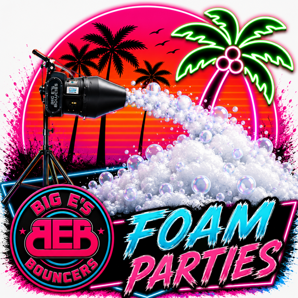Neon foam party rentals graphic for Big E’s Bouncers in Crestview, Florida