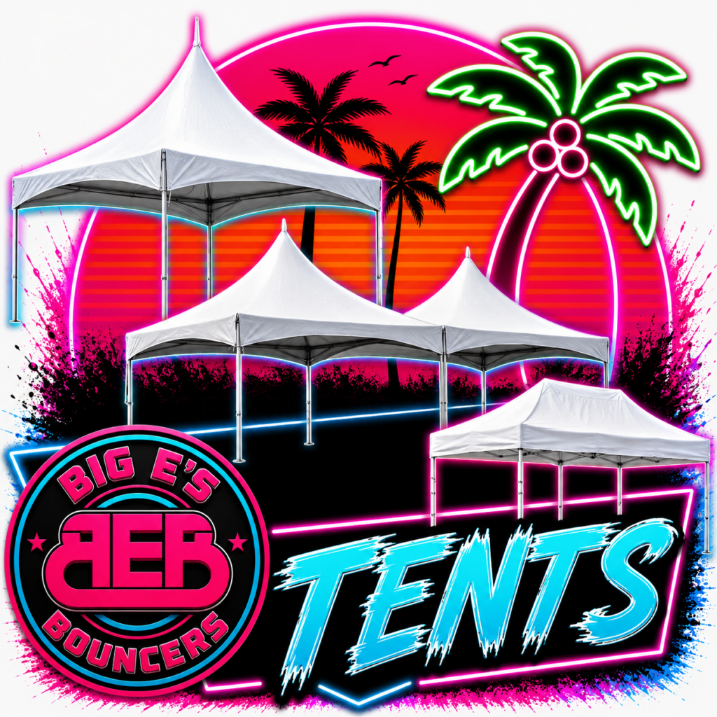 Neon event tent rentals graphic for Big E’s Bouncers in Crestview, Florida