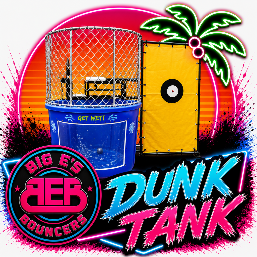 Neon dunk tank rentals graphic for Big E’s Bouncers in Crestview, Florida