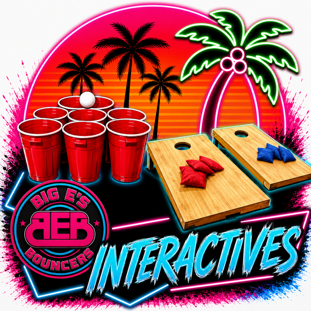Neon interactive game rentals graphic for Big E’s Bouncers in Crestview, Florida