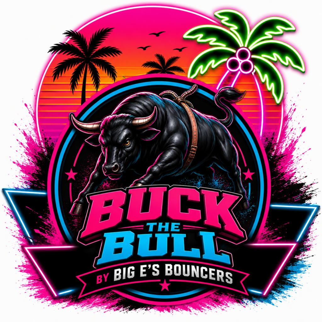 Neon mechanical bull rental graphic for Big E’s Bouncers in Crestview, Florida